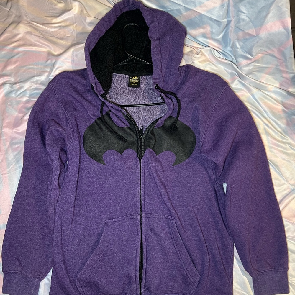 DC Comics Purple Batman Hoodie with black bat logo.